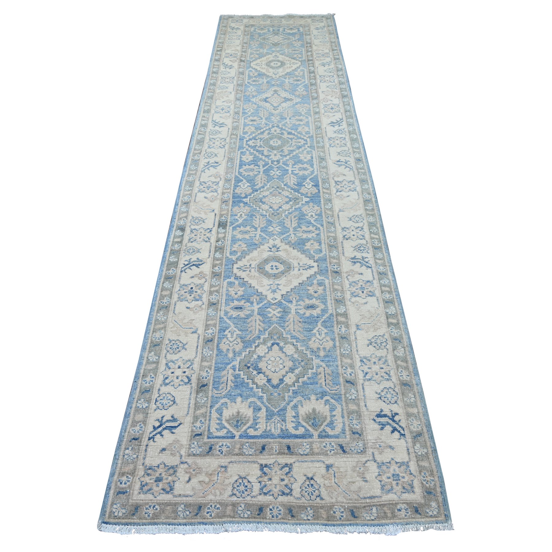 3'x12'7" Carolina Blue, Hand Knotted, Vintage Look Kazak with Geometric Medallions, 100% Wool, Natural Dyes, Runner, Oriental Rug 